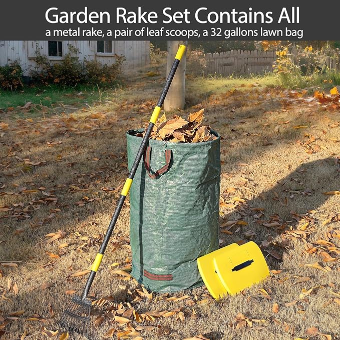 Garden Leaf Rake for Leaves with 32 Gallon Lawn and Leaf Bags & Leaf Scoops, Adjustable 11 Tines 9" Wide Small Adult Kids Lawn Shrub Yard Landscape Metal Rake Heavy Duty Long Handle 30-60