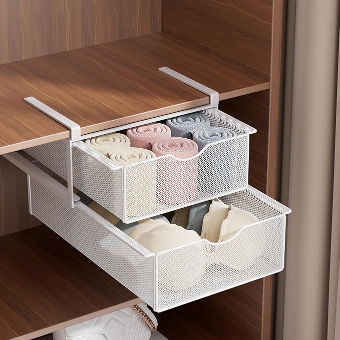 Underwear Drawer Organizer for Closet, Hanging Pull-Out Bra Sock Lingerie Storage Basket - Double-Layer Mesh Undergarment Organizer, Multifunctional Space-Saving Wardrobe Organizer for Bedroom