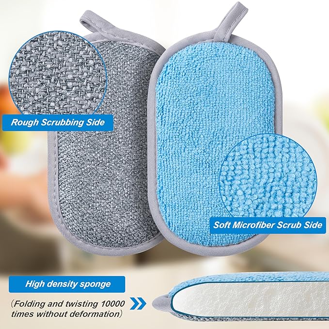 Dual-Sided Multi-Purpose Scrub Sponges, Non-Scratch Dishwashing Sponges for Kitchen, Reusable Microfiber Sponge for Efficiently Cleaning Dishes, High Density Sponge Inside (6 Pack, Medium)