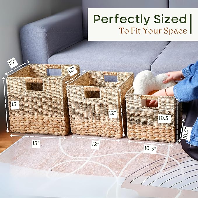13x13x13 Storage Cube Bins Wicker Storage Basket for Cube Shelf, Natural Foldable Square Baskets for Storage, Large Woven Cube Storage Bin with Handle, Baskets for Pantry, Bedroom Set of 4