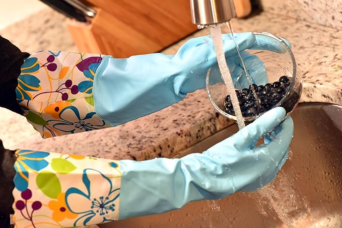 Household Gloves Latex-Free, 15" Long Cuff, Soft Lining, Adjustable Strap, Multi-Layer Protection, Flexible, Comfortable, Chemical-Resistant, Reusable for Cleaning, Dishwashing, 4 Pair Small