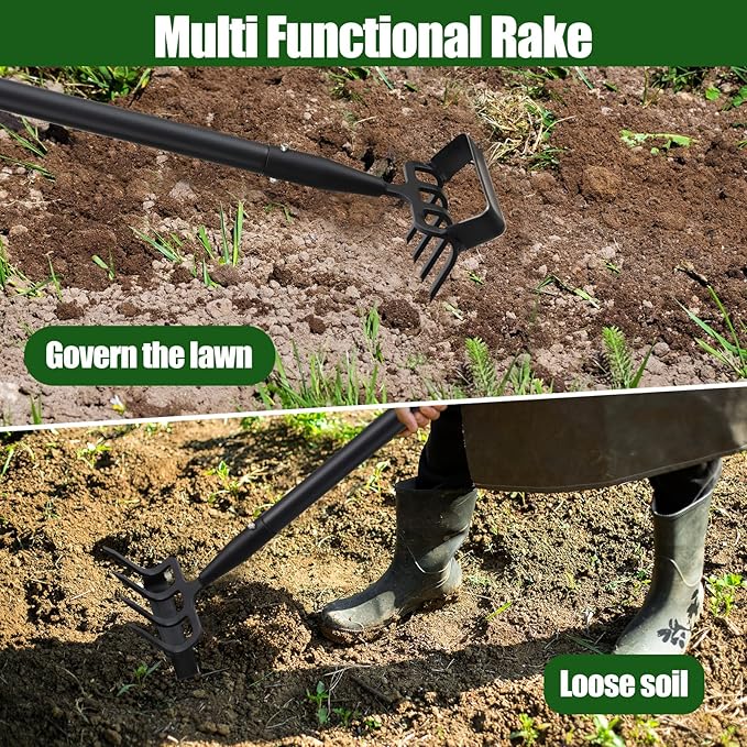 2-in-1 Garden Hoe Tool, Adjustable Length from 37 to 60inch, Ergonomic Design for Weeding and Raking, Durable and Rust-Proof Blade, Save Time and Effort