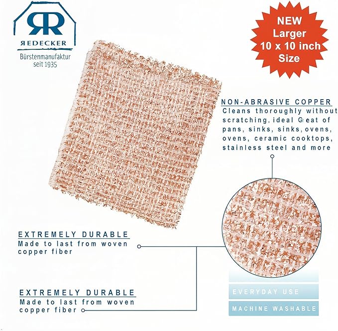 Redecker Large Copper Cleaning Cloth – 10 Pack – Woven Copper Scrubber for Pots Pans Sinks and Stainless Steel – Removes Burnt Food Residue – 10 x 10 in – Made in Netherlands