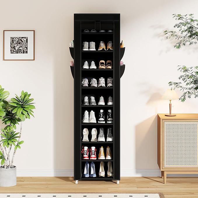 Calmootey 9 Tier Shoe Rack Organizer,Portable Shoe Shelf with Nonwoven Fabric Cover for Closet Hallway,Bedroom,Entryway,17.72x11.81x62.99inches,Black