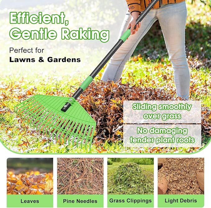 Garden Leaf Rake,16.5” Wide Plastic Leaf Rake for Lawn with 60” Long Handle, Plastic Yard Raking Tools for Lawn Turf Leaves Grass Thatch Debris Pine Needle Cleanup, Lightweight for Kid