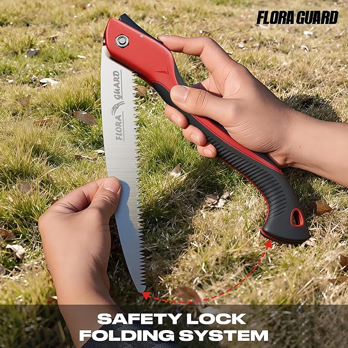 FLORA GUARD Folding Hand Saw, 10-Inch Folding Pruning Camping Heavy Duty Saw with Multi-Level Razer Teeth for Tree Trimming, Wood Cutting, Gardening Tools (Red-10")