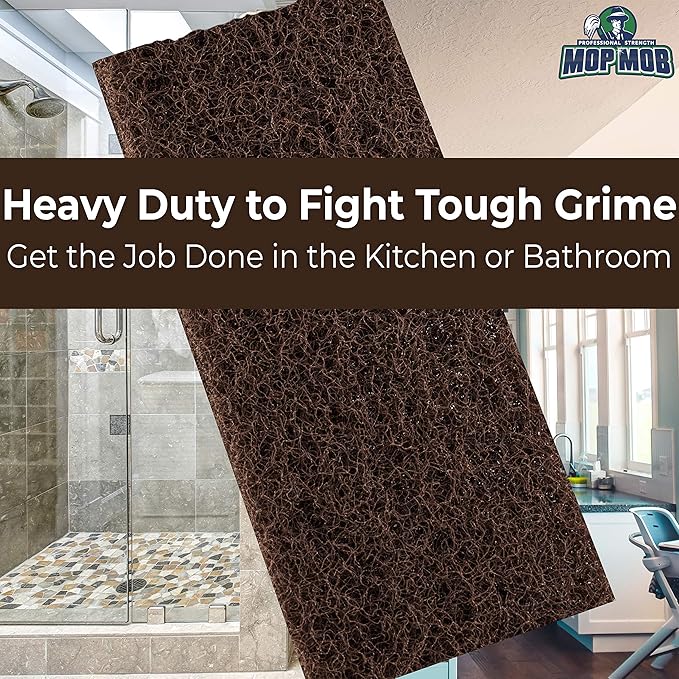 Heavy Duty XL Brown Scouring Pad 2 Pack. 10 x 4.5in Large Multipurpose Nylon Scrubbing Sponges. Clean Bathrooms, Kitchens, Counters and Floors to Erase Grime and Make Surfaces Sparkle