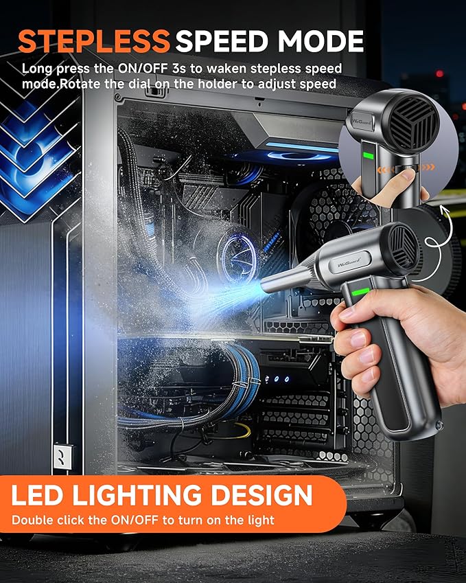 WeGuard W22 Electric Air Duster, 180000 RPM Compressed Air Duster with LED Light, 3-Speed Adjustable/Compressed Air Can Alternative, Dust Blower for Computer, Keyboard, Car, Leaves, Outdoor
