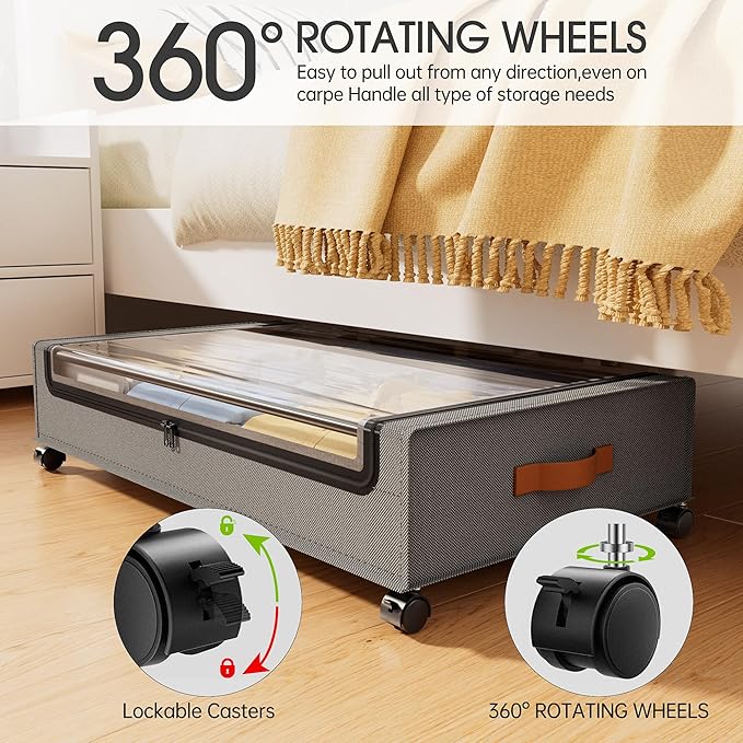 Yecaye Under Bed Storage with Wheels, 2 Pack Under Bed Storage Containers, Large Under Bed Rolling Storage with Clear Window & Label, Bedroom Storage Organizer for Clothes, Shoes, Books, Blankets