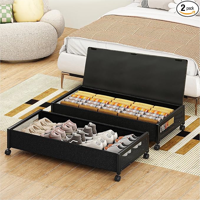 Fokyfok 2 Pack Under the Bed Storage Containers,36 inch Long Underbed Storage with Wheels,7.3 inch Height Under Bed Shoe Storage,Large Rolling under bed Clothes Storage Drawers with Lid for Dorm,Black