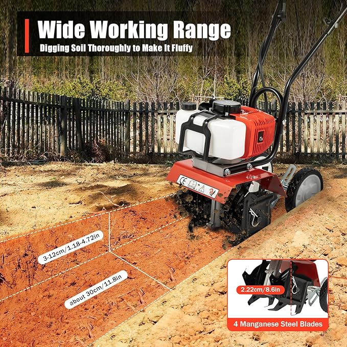 2 Stroke Tiller Cultivator, 52CC 1700W Gas Powered Garden Tiller Single Cylinder Air Cooled Tilling Machine Infinite Speed Regulation Rototiller w/4 Blades&0.22Gal Fuel Tank for Cultivation Ploughing