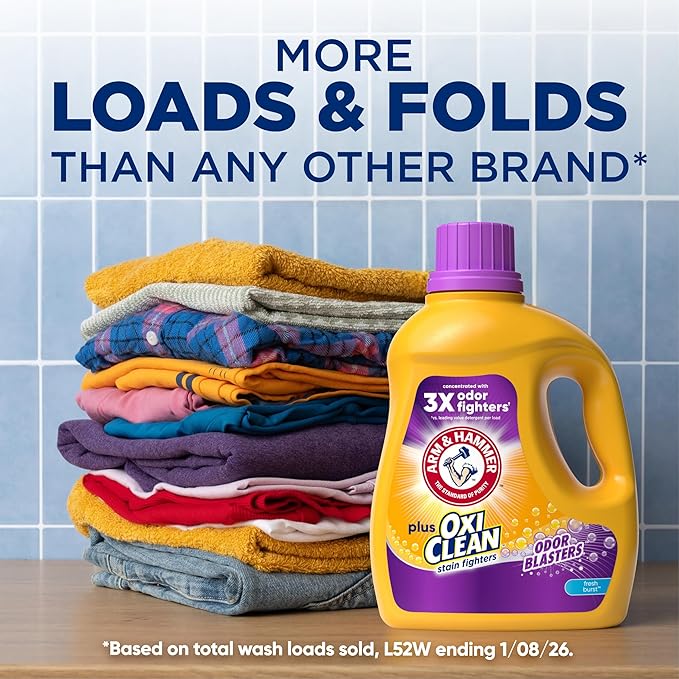 ARM & HAMMER Plus OxiClean with Odor Blasters Liquid Laundry Detergent, Laundry Odor Remover, Attacks Stains, Fresh Burst Scent, 74 Loads, 96.2 Fl Oz