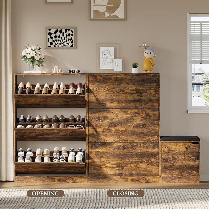 BORNOON Shoe Cabinet with Bench and 3 Flip Drawers, Slim Narrow Shoe Storage Cabinet, Freestanding Shoe Rack Organizer with Adjustable & Removable Shelves, Anti-Tip for Entryway, Hallway, Foyer