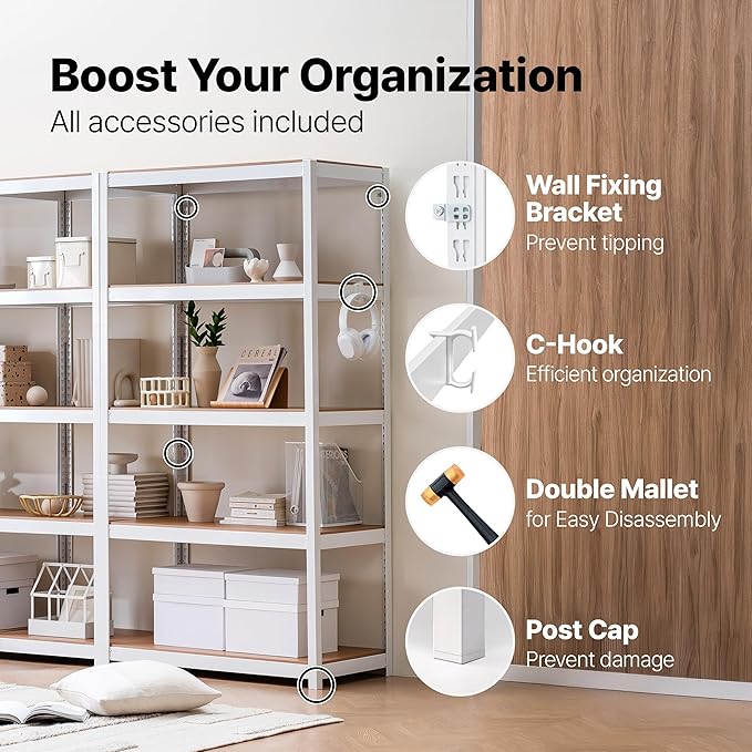 HOMEDANT House 36.2" W 5 Tier Heavy Duty Garage Shelving Adjustable Metal Rack Storage Shelves Standing Shelf Unit Organizers Pantry Closet Office White 2Pack