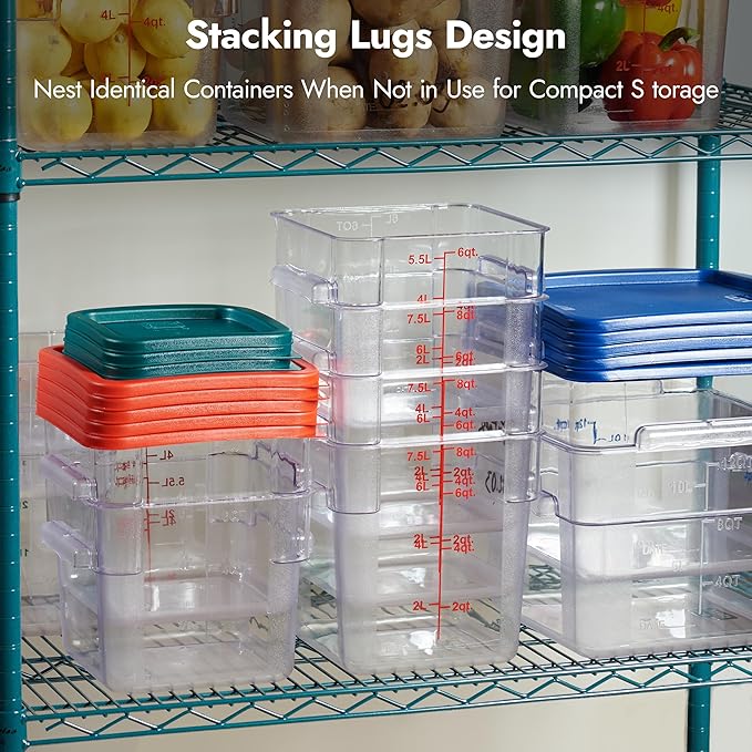CURTA 8-Pack 22 Qt NSF Clear Polycarbonate Food Storage Containers with Blue Lids - Square, Commercial-Grade, Freezer & Dishwasher Safe, Stackable