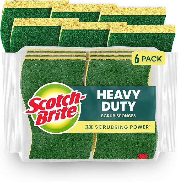 Scotch-Brite Heavy Duty Scrub Sponge, 6 Kitchen Sponges for Tough Messes - Lasts 3X Longer*, Perfect for Cast Iron Skillets & Outdoor Grills, Flexible & Durable Construction (Pack of 6)