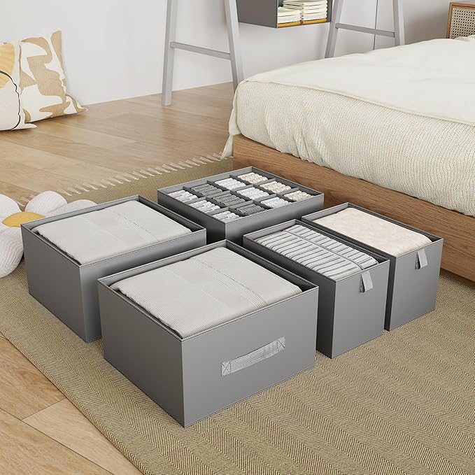 6-Shelves Hanging Closet Organizer with 5 Different Drawers, Foldable Closet Organizers and Storage for Wardrobe, Closet& RV, Clothes and Accessories Storage, Non-Woven Fabric, Gray