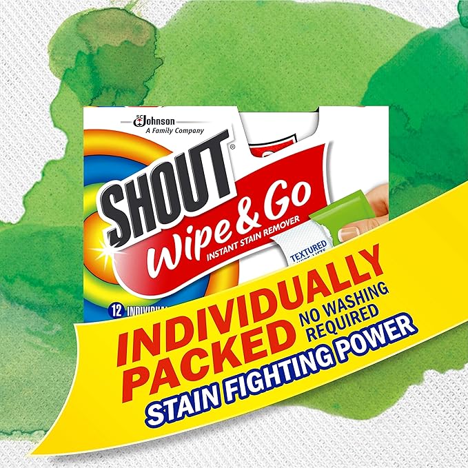 Shout Wipe & Go Instant Stain Remover Wipes, No Wash Required, Safe on Colorfast Washables, Travel & Baby Diaper Bag Essentials, Removes Grass, Coffee, Makeup & More, 12 Wipes (Pack of 12)