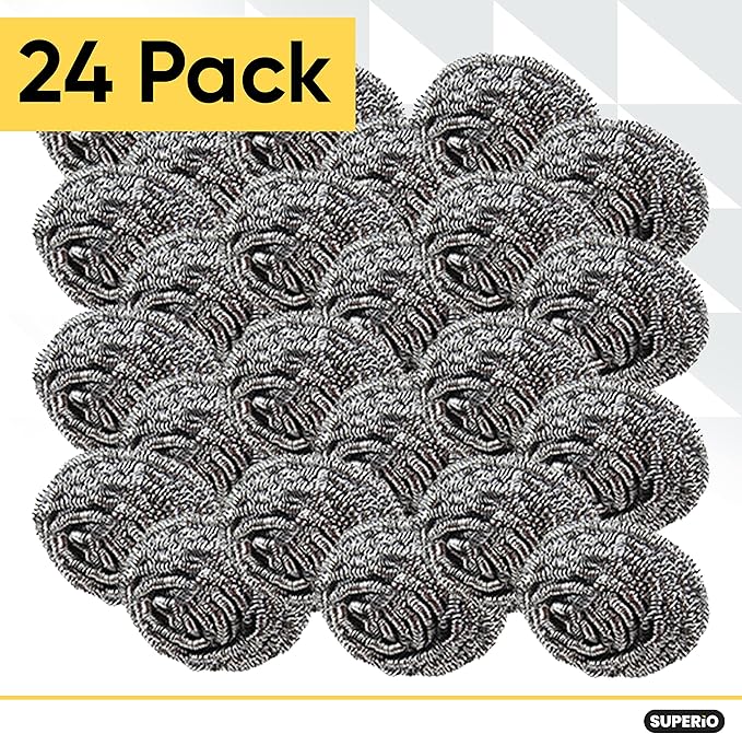 Superio Stainless Steel Scourers Steel Wool Scrubber Pad Used for Dishes, Pots, Pans, Grill, Stoves, and Ovens, Easy scouring for Tough Kitchen Cleaning Pack of 24
