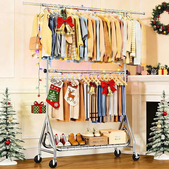 Double Rods Clothing Rack, Heavy Duty Clothes Rack for Hanging Clothes Load 560LBS, Metal Rolling Garment Racks with Wheels, Freestanding Clothes Hanging Racks, Silver