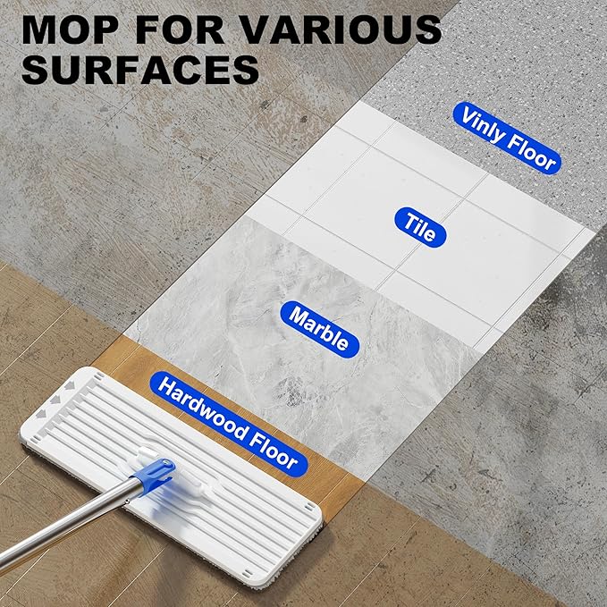 Mop and Bucket Set, Mops for Floor Cleaning with Long Handle, Squeeze Flat Mop and Bucket System, Dry & Wet Dust Mop for Household Floor Cleaning with 5 Microfiber Mops, Slate Blue