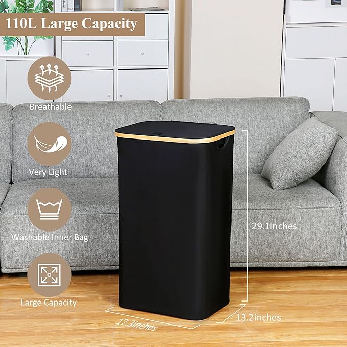 iEGrow Laundry Hamper with Lid, 110L Large Laundry Basket with Handle, Collapsible Clothes Basket Organizer with Removable 2 Inner Bag for Clothes Toys Towels - Black