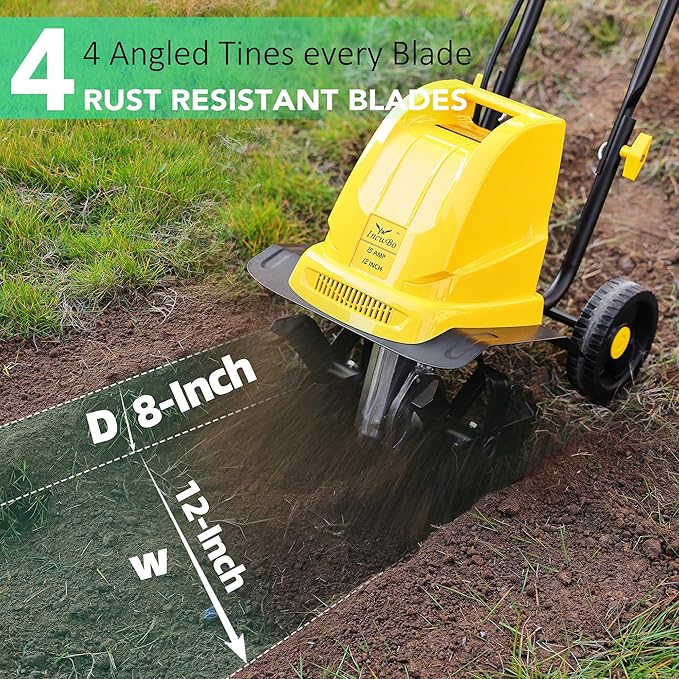 Electric Tiller/Cultivator 4 Steel Tines, Garden Roto Tillers for Gardening, 15Amp 12 Inch Corded Rototiller with Adjustable Wheels