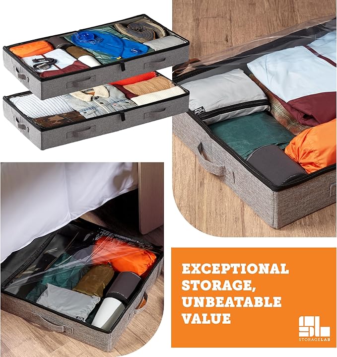 storageLAB Under Bed Storage Containers, Low Profile Underbed Organizers with Sturdy Handles, Dual Zippers, and Clear Windows, Ideal for Clothes, Pillows, and Blankets - 2 Pack, Low Profile, Gray