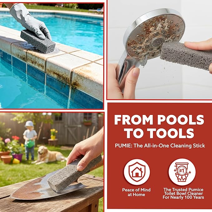 PUMIE Pumice Scouring Stick for Cleaning Toilet Rings Stain & Hard Water Rings, Extra Strong Heavy Duty Pumice Stone for Toilet Cleaning, Rust, Grills, Tough Bathroom, Ovens, Pools & Tubs - Pack of 12