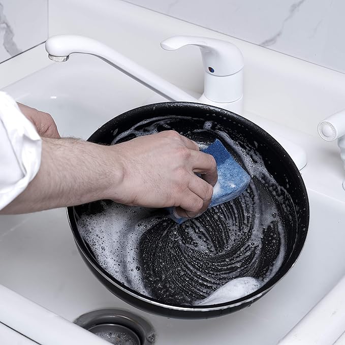 Superio Non-Scratch Cellulose Sponge Kitchen Scrub Sponges with Scouring Pad Set, Good for Non-Stick Cookware Frying Pan, Pot, Counter Top, Sink Scrubbing, Kitchen Scrubbers, Pack of 3, Blue