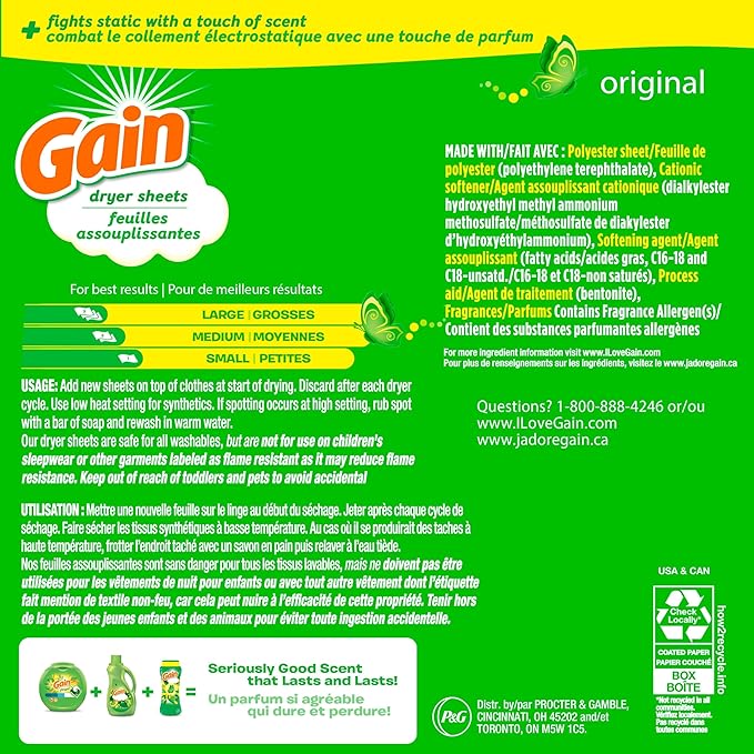 Gain dryer sheets Plus Wrinkle Release, Original Scent, 120 Count, Fights static with a touch of scent, laundry sheets