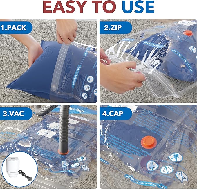Vacuum Seal Bags for Clothing Travel & Home Storage, travel vacuum bags with pump, Store Blankets, Comforters, Pillows, Seasonal Clothes Compactly,8 Pack With Electric Pump