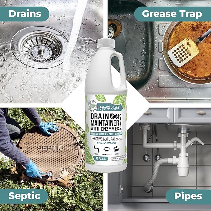 Mighty Mint Enzyme Drain Maintainer – Drain Cleaner & Deodorizer for Odor Control and Buildup Prevention – Safe for Pipes, Septic & Grease Traps - 32 oz.