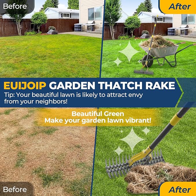 Thatch Rake, 51" Heavy Duty Metal Dethatcher Rake with 15" Wide Double-Edged Sharp Tines Thatch Rakes for Lawns,Dead Grass Removal,Soil Loosening,Lawn Care, Dethatching,Yard,Garden