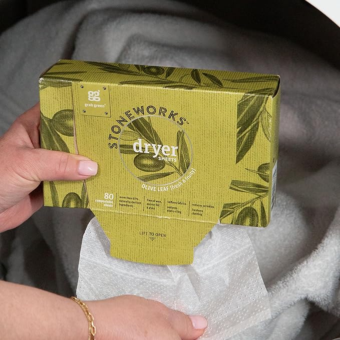 Grab Green Stoneworks Dryer Sheets, 80 Sheets, Olive Leaf Scent, Plant and Mineral Based, Softens Fabrics, Reduces Static-Cling and Wrinkles, Freshens Clothing