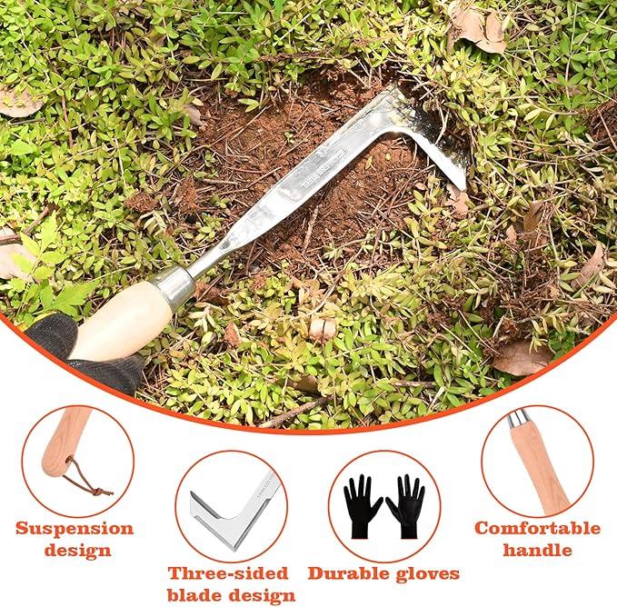 3-Sided Crevice Weeder - 12.6" Stainless Steel Garden Weeding Tool with Beech Handle, L-Shaped Crevice Weeder Sickle for Garden Lawn, Yard Patio Terrace, Paving Gaps