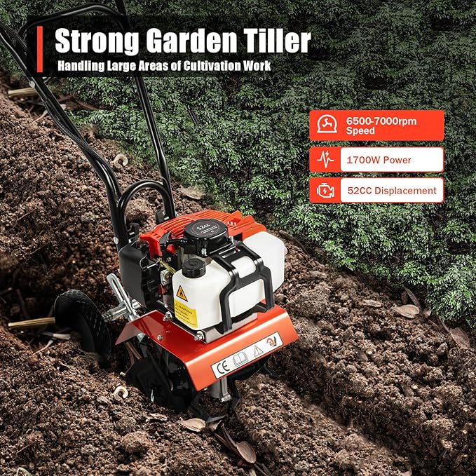 52CC 2-Stroke Garden Tiller Cultivator, 1.7KW Gas Garden Rototiller Tiller Machine with Infinite Speed Regulation, 7000RPM Garden Cultivator Farm Lawn Tilling Tool for Cultivation Trenching Loosening