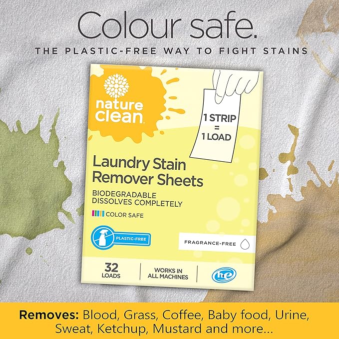 Nature Clean Natural Stain Remover for Clothes Laundry Strips Unscented 32 Count, Non-Toxic Advanced Stain Remover Treater Laundry Sheets, Plastic-Free Travel Stain Remover for Fabric Eco-Friendly