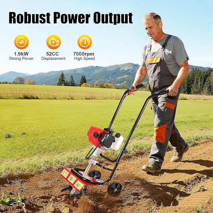 Gas Power Tiller Cultivator 52CC 2 Stroke, Gasoline Powered Garden Farmyard Tiller Air-Cooled Single Cylinder Gasoline Engine Tilling Tool, for Lawn, Field and Home
