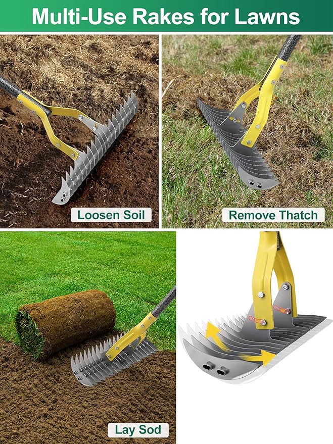 Thatch Rake, 2-in-1 Lawns Manual Dethatcher with Adjustable Head, 70" Heavy Duty Metal Dethatching Rake Garden Tools, 19-Tooth Sharp Blade for Yard Dead Grass, Moss Removal, Soil Loosening