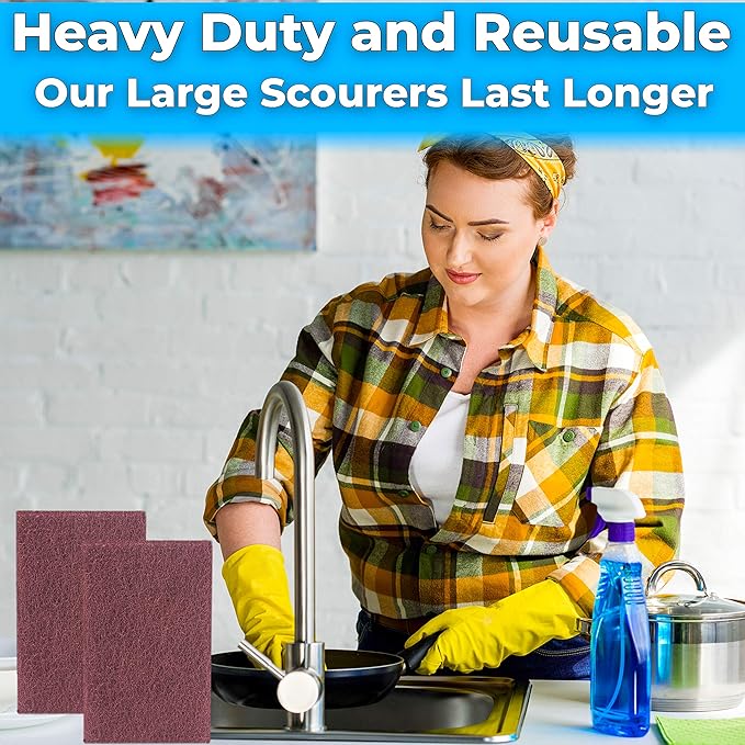 Heavy Duty XL Red Scouring Pads. 6x9 in 5 Pack of Scrubber Tools for Cleaning Stainless Steel Pots, Pans, Grills and Griddles. Extra Large Pad for Outdoor Use on Railings and Tiles.