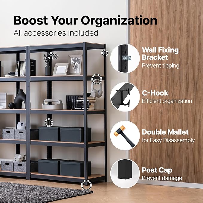 HOMEDANT House 48.1" W 5 Tier Heavy Duty Garage Shelving Adjustable Metal Rack Storage Shelves Standing Shelf Unit Organizers Industrial Warehouse Basement Black 1Pack