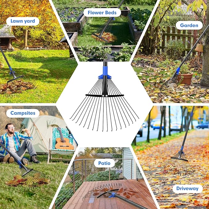 Heavy Duty Garden Leaf Rake-Adjustable Metal Rake with 8-17" Expandable Head,Yard Rakes for Leaves,Grass,Lawns,Shrubs,Flower Beds,Camping,Outdoor Cleanup,Ideal for Women & Kids