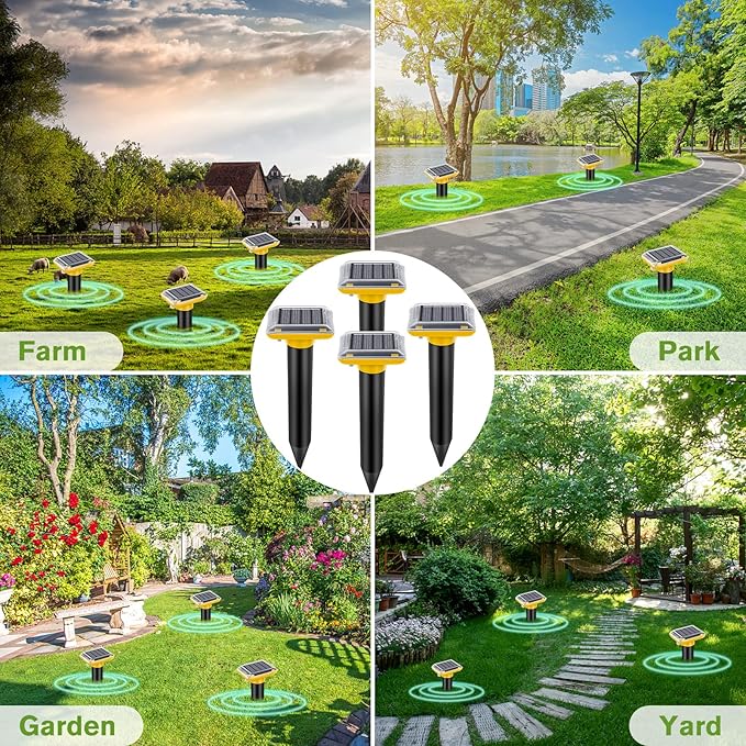 Solar Ultrasonic Mole Repellent, Gopher Repeller Outdoor, 4 Packs Solar Powered Waterproof Snake Repellent Deterrent Gopher Vole Snake Pest and Other Animals from Lawn Garden Yard Home(Yellow)