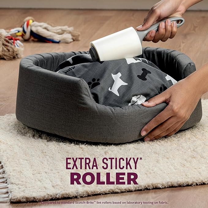Scotch-Brite Pet Hair Pickup Extra Sticky Large Surface Lint Roller with Handle, 50% Stickier, 8 in x 29.8 ft Each, 2 Pack, 120 Easy-Tear Sheets Total