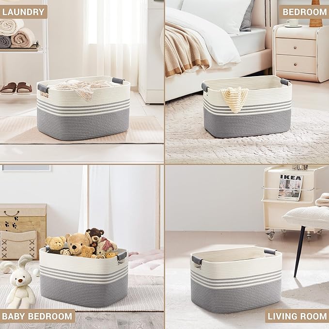 72L Large Laundry Basket with Leather Handles for Living Room Storage, Woven Rope Baskets Bin for Blanket, Kids Toy, Gifts, Wicker Hamper for Bedroom Dirty Clothes, 22"x17"x12" White Grey