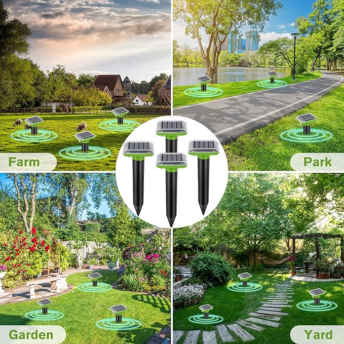 Solar Mole Repellent, Ultrasonic Gopher Repeller Outdoor, Solar Powered Waterproof Snake Repellent Deterrent Gopher Vole Snake Pest and Other Animals from Lawn Garden Yard Home(Green, 4 Packs)