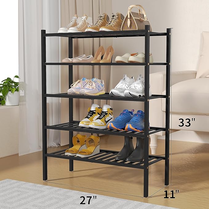 ROMGUAR CRAFT 5 Tier Bamboo Shoe Rack for Closet Free Standing Wood Shoe Shelf for Entryway Small Space Stackable 27"x11"x33" (Black)