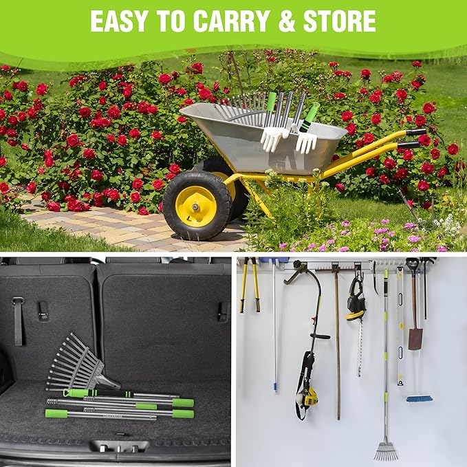 WORKPRO Rake, Small Rake for Leaves with 72” Adjustable Long Handle, 11 Steel Tines, Heavy Duty Metal Leaf Rakes for Garden, Lawn, Yard, Shrub, Flower Bed, Narrow Rakes 9" Wide Head for Tight Spaces