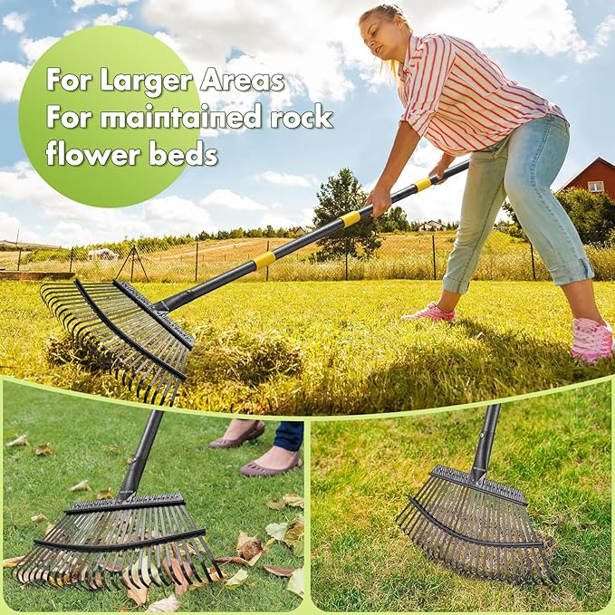 INFLATION Garden Rake for Leaves Heavy Duty Women Men Grandpas for Lawns,79” Length 18” Width Adjustable 25 Tines Sturdy Metal Yard Leaf Rakes with Non-Slip Comfortable Smooth Long Handle